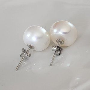 925 Sterling Silver‎ 11mm Button White Cultured Freshwater Pearl Stud Earrings